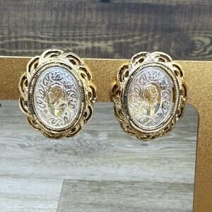 Whiting & Davis Intaglio Glass Cameo Clip On Gold Tone Earrings
